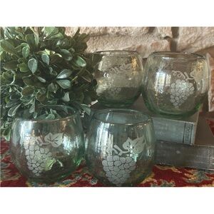 4 Hand Blown Mexican Stemless Wine Glasses Green Etched Grapes 3.5"